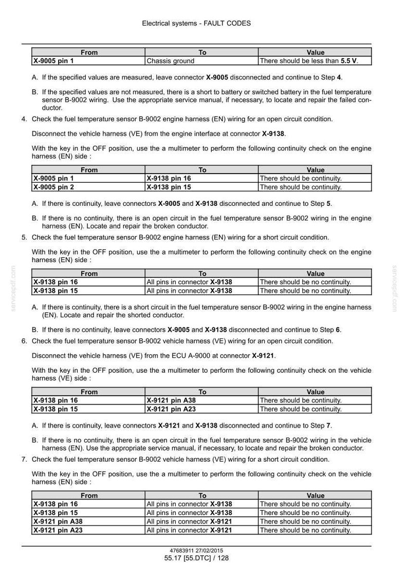 May include: A technical document detailing electrical system fault codes, featuring tables and text. It provides instructions for checking continuity and open circuits in a vehicle's fuel temperature sensor wiring, with connector pin references.