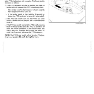May include: A technical manual page titled Power Take-Off (PTO) fender switch operation, featuring a line drawing of a tractor fender control panel with a black arrow pointing to the switch, and text explaining the operational procedures.