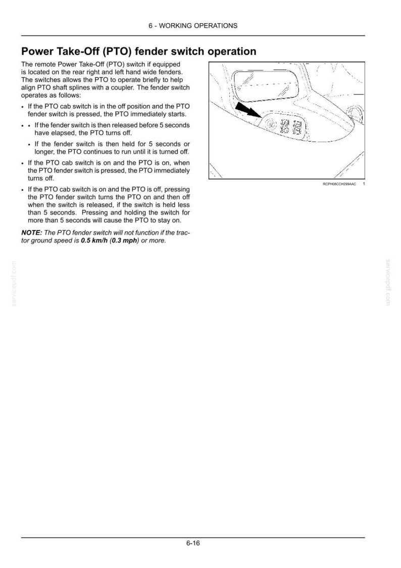 May include: A technical manual page titled Power Take-Off (PTO) fender switch operation, featuring a line drawing of a tractor fender control panel with a black arrow pointing to the switch, and text explaining the operational procedures.