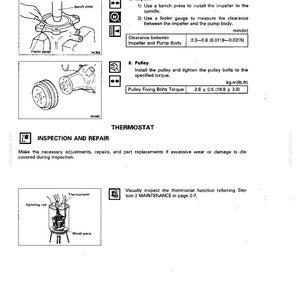 May include: A technical manual page titled 7-8 COOLING SYSTEM, featuring diagrams for impeller installation using a bench press and feeler gauge, pulley bolt torque specifications, and thermostat inspection procedures with a thermometer and rod.