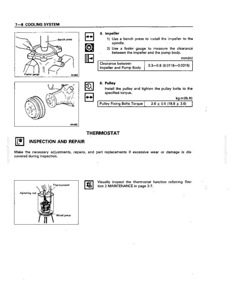 May include: A technical manual page titled 7-8 COOLING SYSTEM, featuring diagrams for impeller installation using a bench press and feeler gauge, pulley bolt torque specifications, and thermostat inspection procedures with a thermometer and rod.