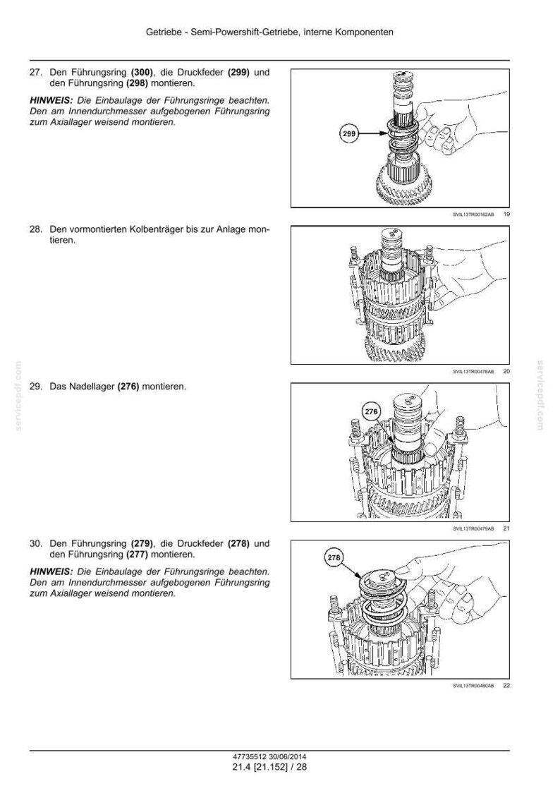 May include: A technical manual page titled Getriebe - Semi-Powershift-Getriebe, interne Komponenten, featuring four black and white line drawings illustrating the assembly of transmission components with numbered parts 276, 277, 278, 279, 298, 299, and 300.