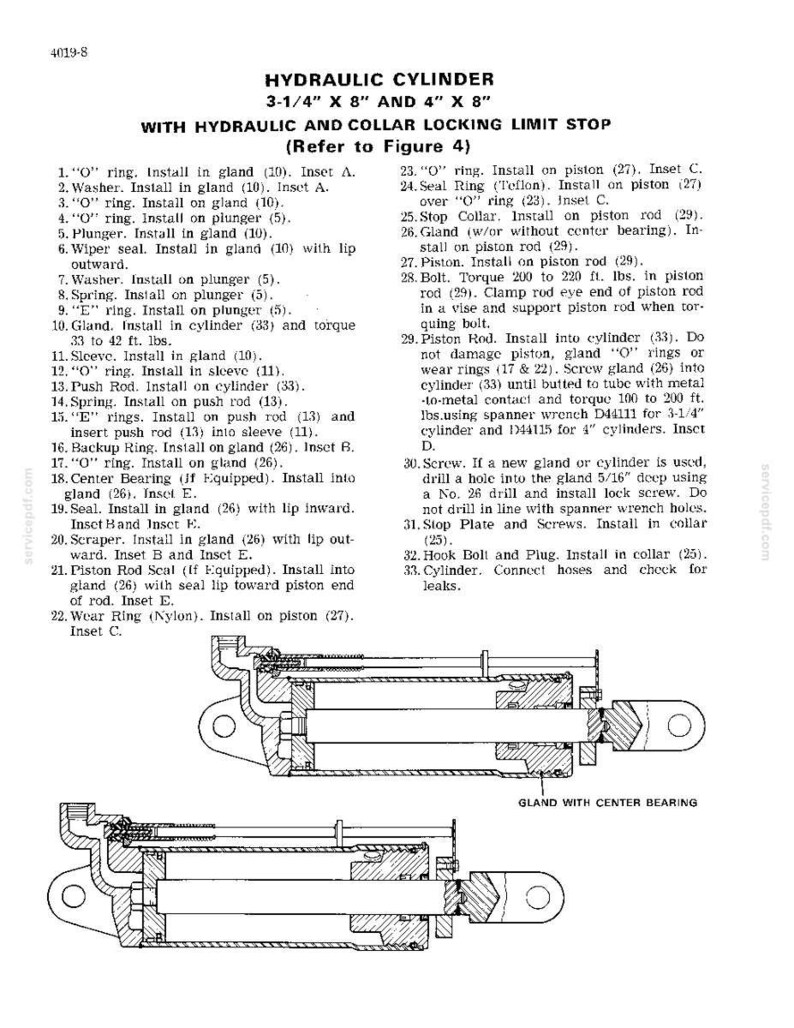 May include: Technical diagram of a hydraulic cylinder, featuring detailed cross-sectional views and labeled components. The diagram includes dimensions of 3-1/4" x 8" and 4" x 8", with a collar locking limit stop. Text and numbered instructions are included.