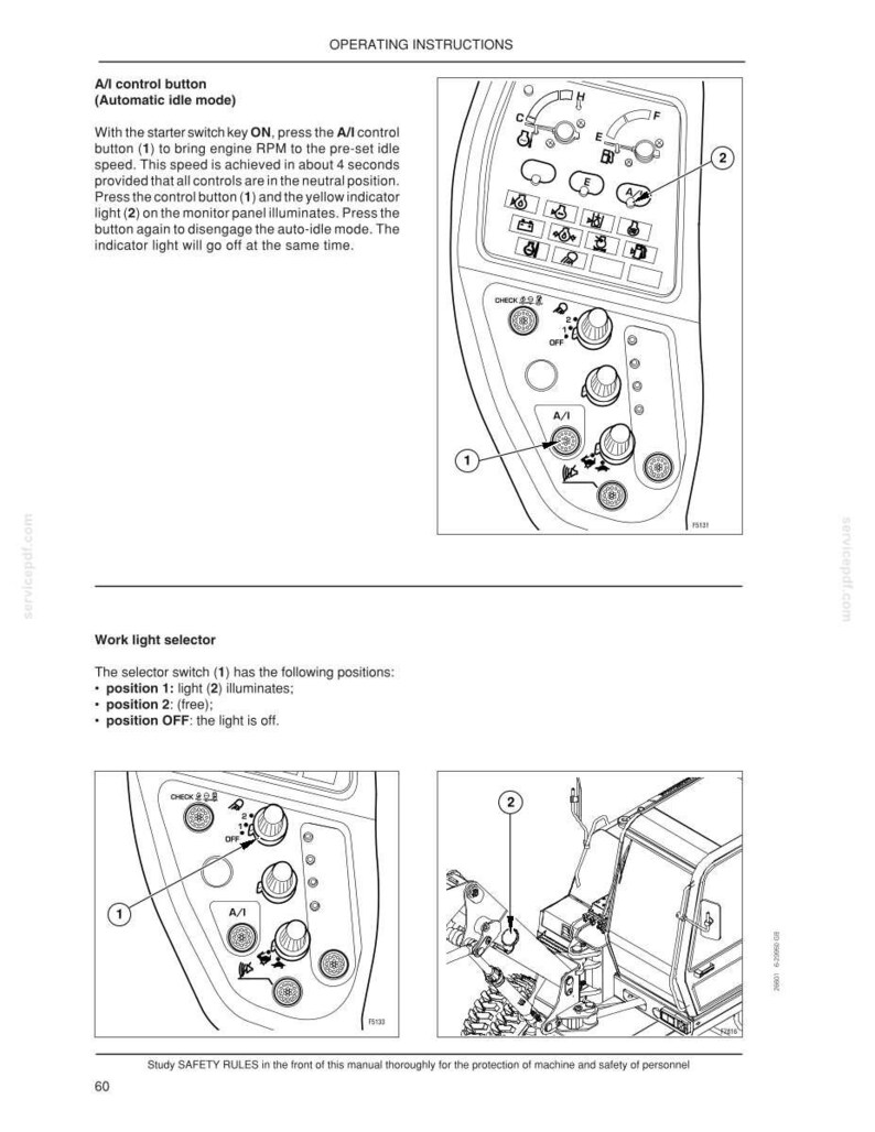 May include: Diagram of a control panel with buttons and indicators. The image includes instructions for the A/I control button and work light selector. The text explains the functions of the buttons and the positions of the selector switch.