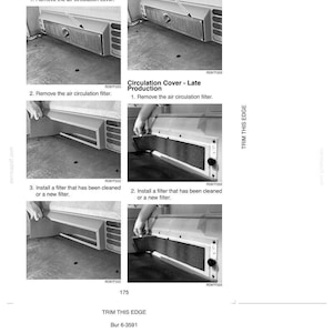 May include: A grayscale instructional diagram detailing the steps for removing and installing an air circulation cover and filter. The image includes text such as "Circulation Cover - Early Production" and "Circulation Cover - Late Production."