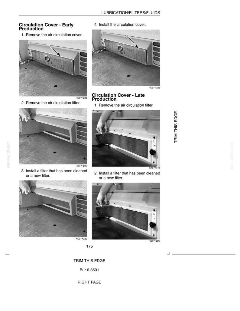 May include: A grayscale instructional diagram detailing the steps for removing and installing an air circulation cover and filter. The image includes text such as "Circulation Cover - Early Production" and "Circulation Cover - Late Production."
