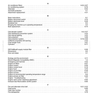 May include: Index page from a manual, listing various automotive components and systems. Includes sections on air conditioning, engine components, and safety features, with page number references.