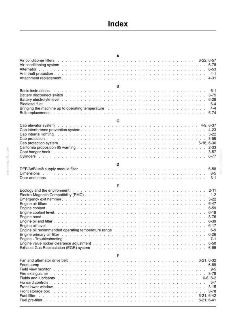May include: Index page from a manual, listing various automotive components and systems. Includes sections on air conditioning, engine components, and safety features, with page number references.