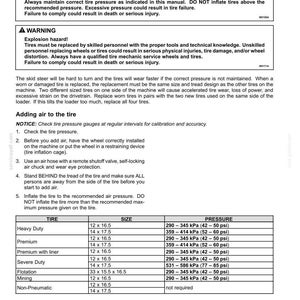 May include: A page from a maintenance manual detailing tire pressure and wheel hardware torque. Includes warnings about explosion hazards and instructions for adding air to tires. A table lists tire sizes and pressure in kPa and psi.