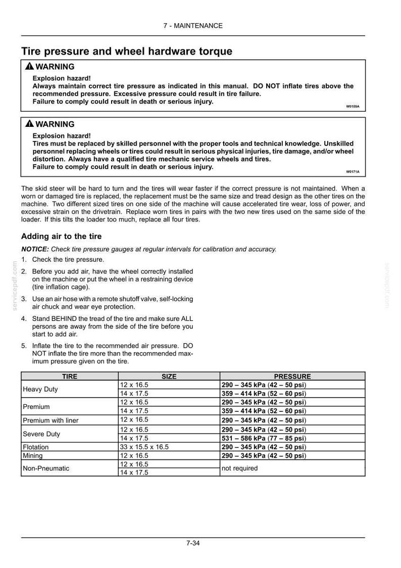 May include: A page from a maintenance manual detailing tire pressure and wheel hardware torque. Includes warnings about explosion hazards and instructions for adding air to tires. A table lists tire sizes and pressure in kPa and psi.