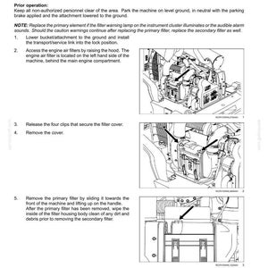May include: Diagram of engine air filter maintenance instructions. The image shows steps for replacing the primary and secondary air filters, including accessing the filters, removing the cover, and cleaning the housing. Text includes safety precautions and filter replacement frequency.