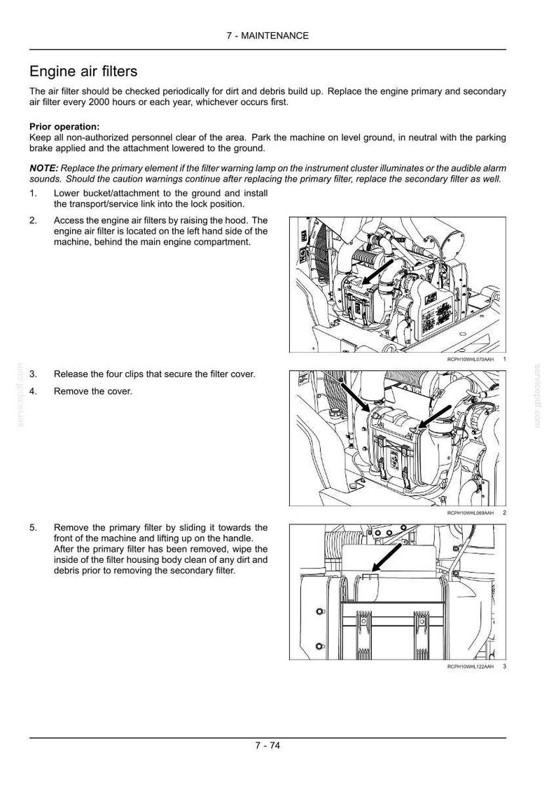 May include: Diagram of engine air filter maintenance instructions. The image shows steps for replacing the primary and secondary air filters, including accessing the filters, removing the cover, and cleaning the housing. Text includes safety precautions and filter replacement frequency.