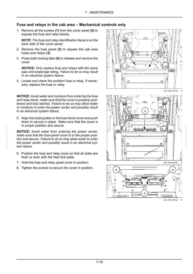 Puede incluir: Una p&aacute;gina de manual de mantenimiento titulada 7-MAINTENANCE, que detalla las instrucciones para acceder y reemplazar fusibles y rel&eacute;s en un &aacute;rea de cabina. Incluye dibujos de l&iacute;neas en blanco y negro con etiquetas numeradas del 1 al 4.