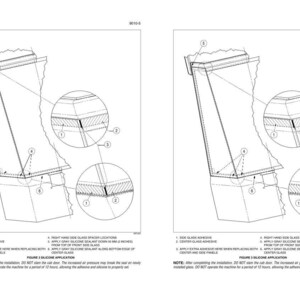 May include: A technical diagram titled Figure 3 Silicone Application showing glass panel installation. It includes numbered callouts for side glass adhesive, center glass adhesive, and spacer locations, with instructions to apply gray silicone sealant.