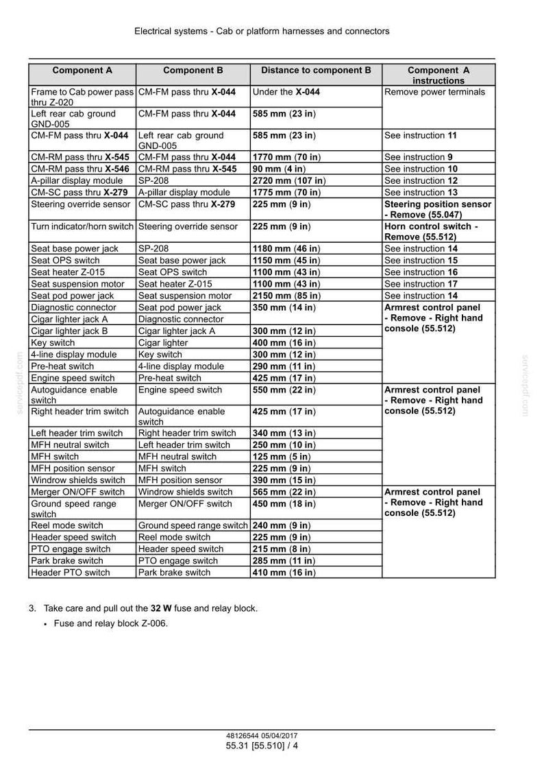 May include: A detailed table of electrical system components, including harnesses and connectors, with measurements in inches and millimeters. Includes component names, descriptions, and instructions for removal.