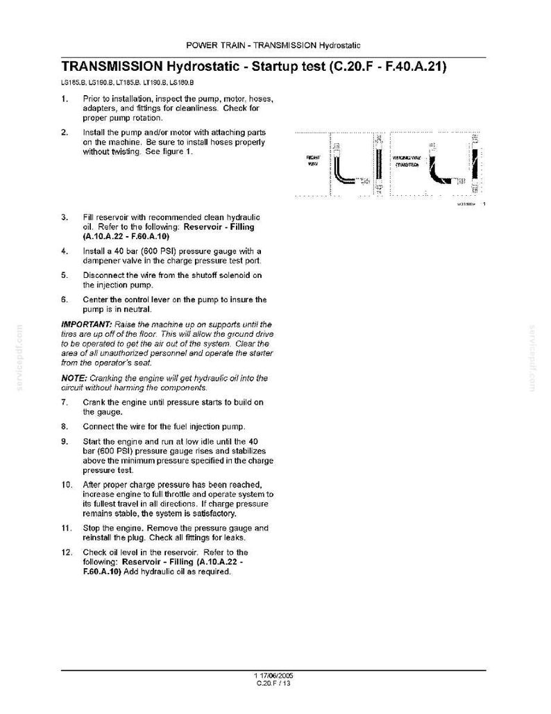 May include: A technical document with instructions for a transmission hydrostatic startup test. The document includes numbered steps, diagrams, and safety notes. The text is in black font on a white background.