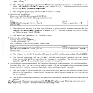 May include: A diagnostic document with troubleshooting steps for electrical systems, including fault codes and wiring harness checks. The document provides instructions for voltage and resistance checks, and visual inspections.