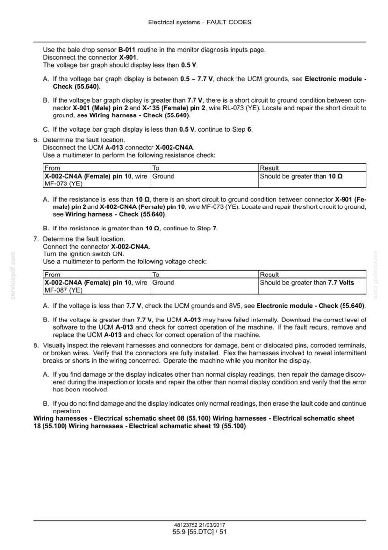 May include: A diagnostic document with troubleshooting steps for electrical systems, including fault codes and wiring harness checks. The document provides instructions for voltage and resistance checks, and visual inspections.
