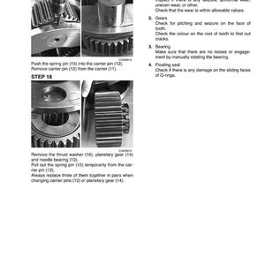 May include: A technical diagram with close-up images of mechanical gears and components. The diagram includes text detailing inspection steps for thrust washers, gears, bearings, and floating seals. The images show various stages of assembly and disassembly.