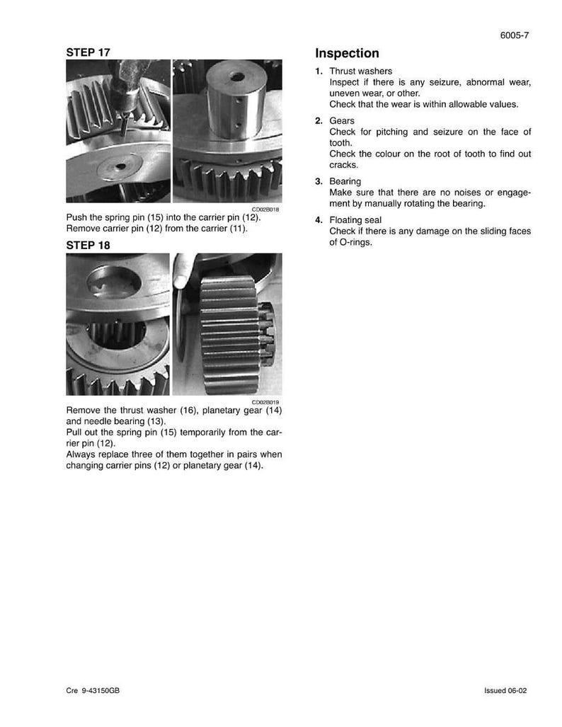 May include: A technical diagram with close-up images of mechanical gears and components. The diagram includes text detailing inspection steps for thrust washers, gears, bearings, and floating seals. The images show various stages of assembly and disassembly.