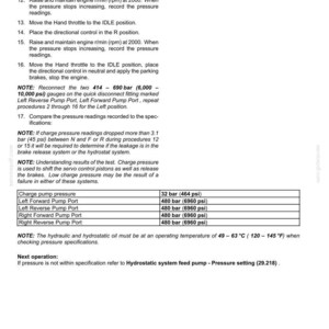 May include: A technical document detailing hydrostatic drive pump and motor components. Includes instructions for pressure readings, with measurements in bar and psi. Also lists operating temperature in Fahrenheit and Celsius.
