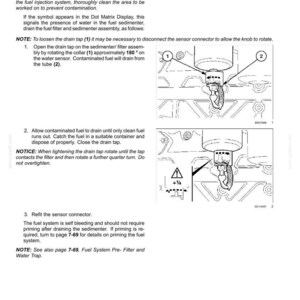 May include: A technical manual page titled 7-MAINTENANCE, Drain the fuel system water separator. It includes instructions and two black and white line drawings showing a fuel filter assembly, a drain tap, a sensor connector, and a tube.