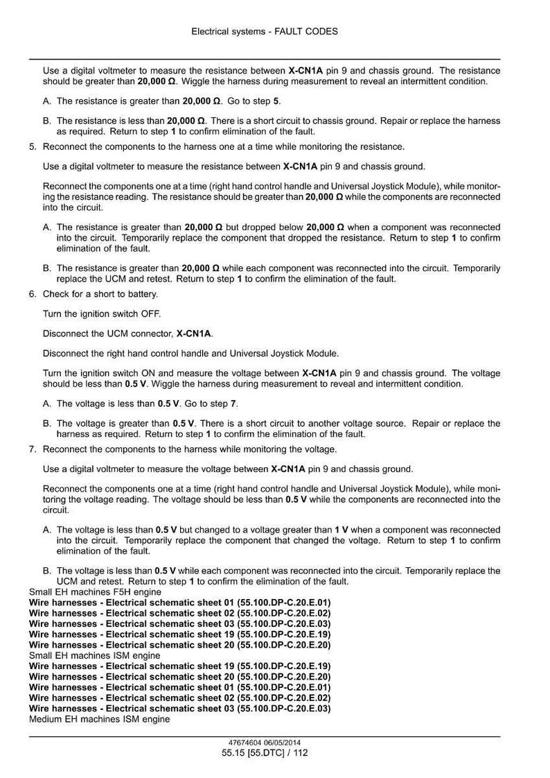 Puede incluir: Documento t&eacute;cnico titulado "Electrical systems - FAULT CODES" con pasos para la soluci&oacute;n de problemas de sistemas el&eacute;ctricos. Incluye instrucciones para usar un volt&iacute;metro digital y verificar mazos de cables. Contiene una lista de mazos de cables y esquemas el&eacute;ctricos.