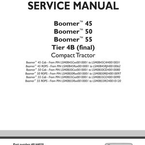 May include: A white service manual cover with the title "SERVICE MANUAL" in bold black text. The manual lists "Boomer" tractor models 45, 50, and 55, and "Tier 4B (final) Compact Tractor". The New Holland Agriculture logo is at the bottom.