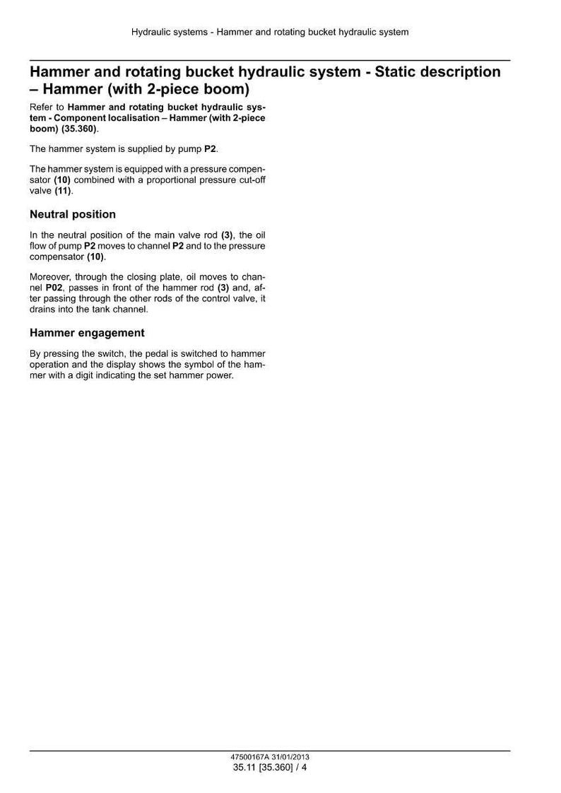 May include: A technical document detailing a hammer and rotating bucket hydraulic system, including a static description of the hammer with a 2-piece boom. The document includes diagrams and technical specifications.
