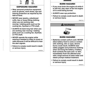 May include: A safety manual page titled Safety Precautions featuring three warning boxes. The first warns of exposure hazards, the second warns of burn hazards from hot engine oil, and the third warns of burn hazards from battery sulfuric acid.