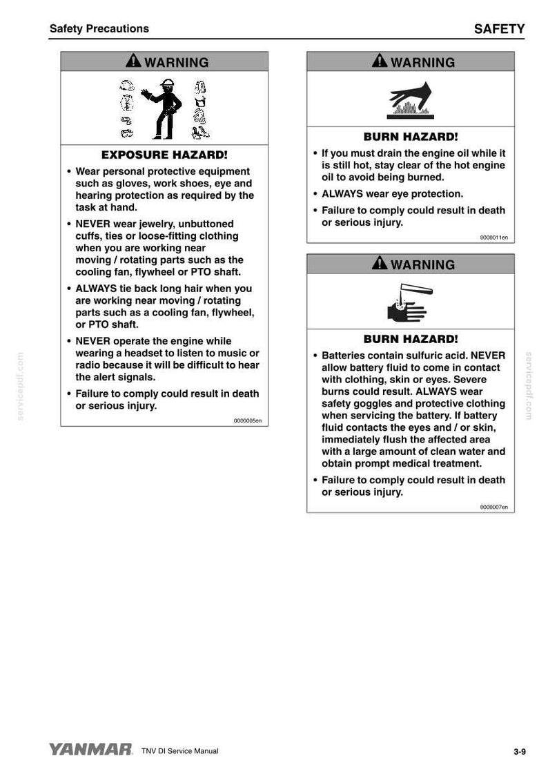 May include: A safety manual page titled Safety Precautions featuring three warning boxes. The first warns of exposure hazards, the second warns of burn hazards from hot engine oil, and the third warns of burn hazards from battery sulfuric acid.