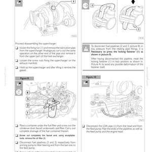 Puede incluir: Diagramas t&eacute;cnicos de un manual que muestran el desmontaje de componentes de aplicaci&oacute;n. Las figuras 7, 8, 9 y 10 ilustran los pasos para la extracci&oacute;n del turbocompresor y del filtro de combustible, incluida la desconexi&oacute;n de las tuber&iacute;as de combustible. El manual incluye texto y componentes numerados.