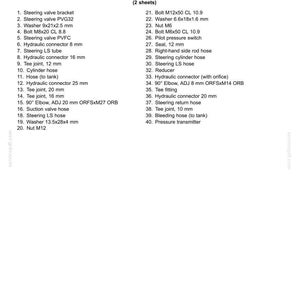 May include: Diagram of a hydraulic steering system, detailing components like valves, hoses, and connectors. Includes a parts list with measurements in millimeters, such as a 12 mm seal and a 20 mm tee joint. The text also includes the phrase "Hydraulic steering system - Component identification".