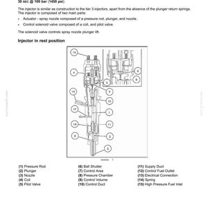 May include: A technical diagram of a Bosch CRIN2 fuel injector in rest position, featuring numbered components from 1 to 15 including a pressure rod, nozzle, coil, and pilot valve, with descriptive text detailing the fuel and injection system.