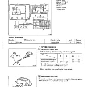 Pu&ograve; includere: Schema di un circuito di avviamento motore con componenti etichettati, tra cui alternatore, rel&egrave; di avviamento e interruttore batteria. Include una procedura di servizio per l'ispezione e la sostituzione dei componenti.