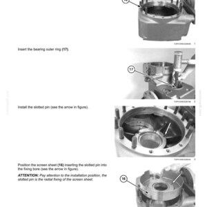 May include: Diagram of transmission components, including an output shaft, flange, and pinion. Instructions detail assembling parts with torque specifications. Includes close-up views of the assembly process, with numbered components and arrows.