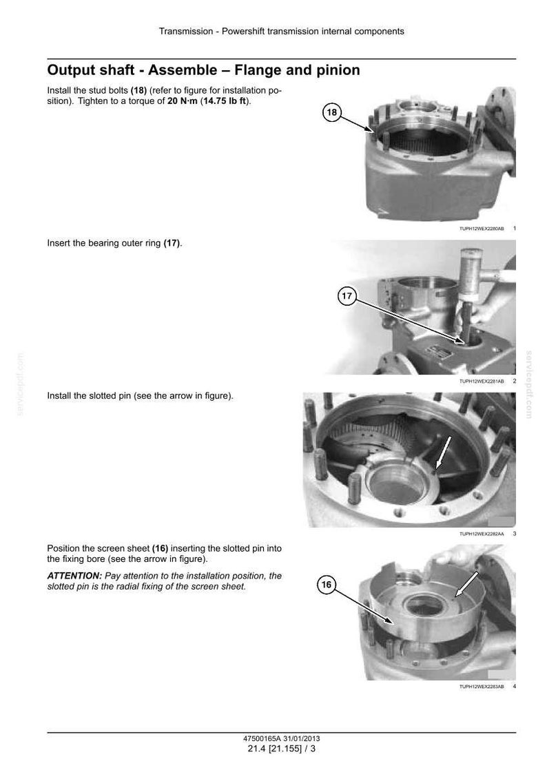 May include: Diagram of transmission components, including an output shaft, flange, and pinion. Instructions detail assembling parts with torque specifications. Includes close-up views of the assembly process, with numbered components and arrows.