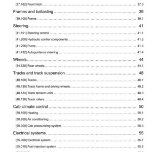 May include: A detailed page from a manual, listing various components of a machine. Sections include hitches, steering, wheels, tracks, cab climate control, and electrical systems. The page is white with black text.