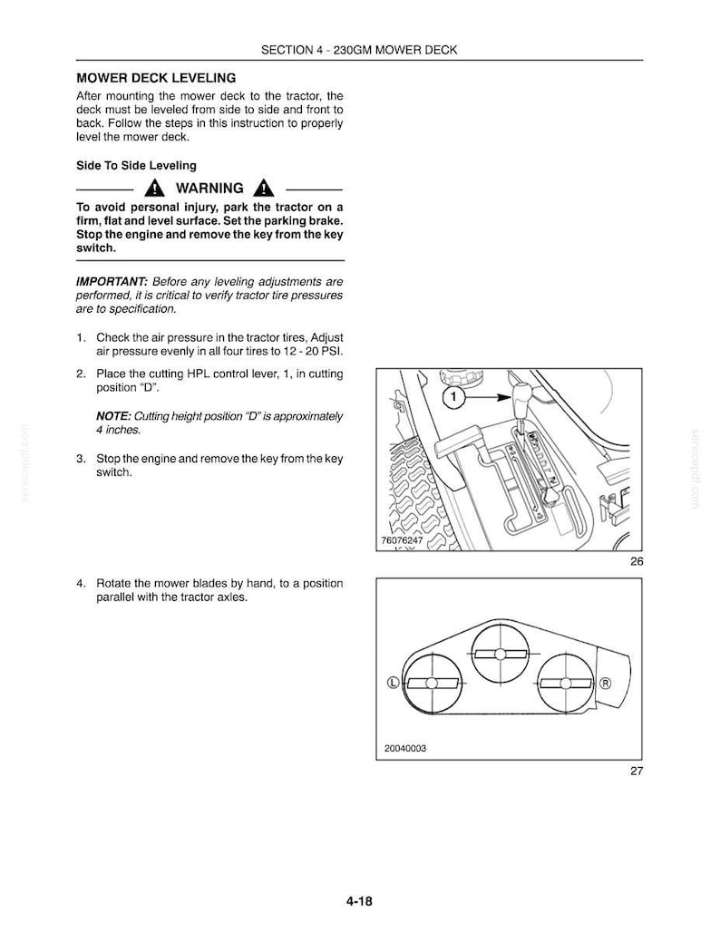 Puede incluir: Una p&aacute;gina de manual t&eacute;cnico titulada SECTION 4 - 230GM MOWER DECK que contiene instrucciones para nivelar la plataforma de corte. Incluye una advertencia, pasos numerados y dos dibujos lineales en blanco y negro de palancas y cuchillas.