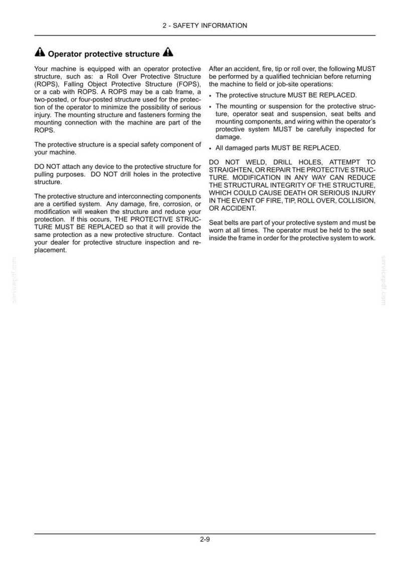 May include: A black and white document titled 2-SAFETY INFORMATION, detailing operator protective structures like ROPS and FOPS. It includes warnings against welding or drilling, instructions for post-accident replacement, and seat belt requirements.