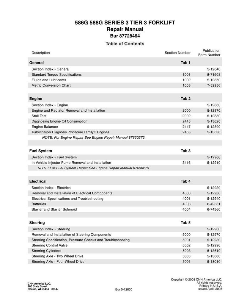 May include: A repair manual for 586G 588G Series 3 Tier 3 forklifts. The table of contents includes sections on general information, engine, fuel system, electrical, and steering. Published by CNH America LLC in 2008.