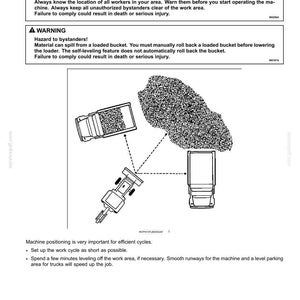 May include: Diagram of working operations with warnings about hazards to bystanders. The image shows a loader, trucks, and a pile of material, with dashed lines indicating movement. Text includes safety instructions.