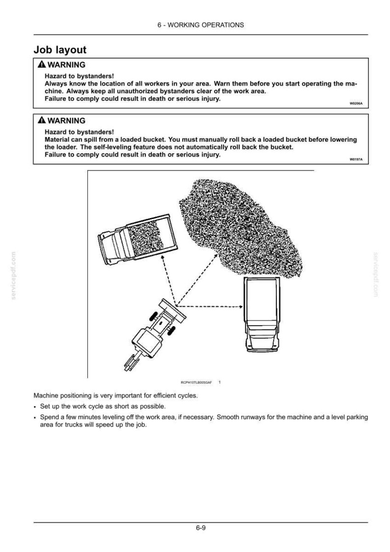 May include: Diagram of working operations with warnings about hazards to bystanders. The image shows a loader, trucks, and a pile of material, with dashed lines indicating movement. Text includes safety instructions.