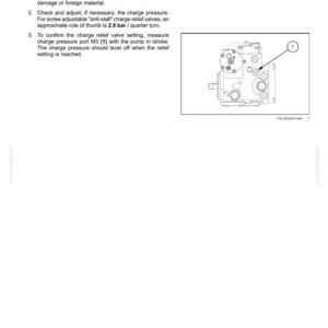 May include: Diagram of a pump and motor component with the text "Pump - Inspect - Travel pump charge relief valve-screw adjustable style." The diagram includes a detailed illustration of the pump's internal components and numbered instructions.