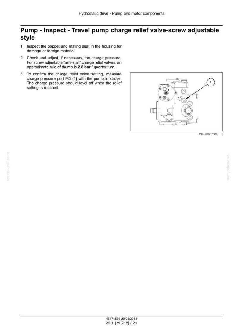 May include: Diagram of a pump and motor component with the text "Pump - Inspect - Travel pump charge relief valve-screw adjustable style." The diagram includes a detailed illustration of the pump's internal components and numbered instructions.