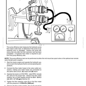 May include: Diagram of a hydraulic system pump efficiency test. The image shows a detailed illustration of the pump, hoses, and gauges used in the testing process. Text includes instructions and specifications for the test.