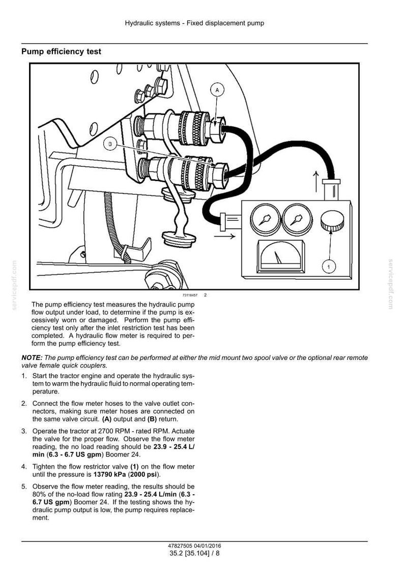 May include: Diagram of a hydraulic system pump efficiency test. The image shows a detailed illustration of the pump, hoses, and gauges used in the testing process. Text includes instructions and specifications for the test.