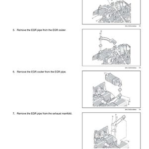Puede incluir: Diagramas t&eacute;cnicos que ilustran la extracci&oacute;n de componentes del motor, incluyendo la v&aacute;lvula EGR, la tuber&iacute;a y el enfriador, y la manguera PCV. El texto proporciona instrucciones para la reparaci&oacute;n automotriz.