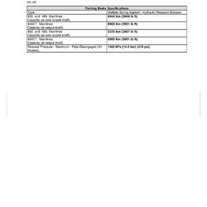 May include: A technical document titled "PARKING BRAKE Hydraulic - General specification" with specifications for various machine types. Includes torque and pressure measurements in imperial units.