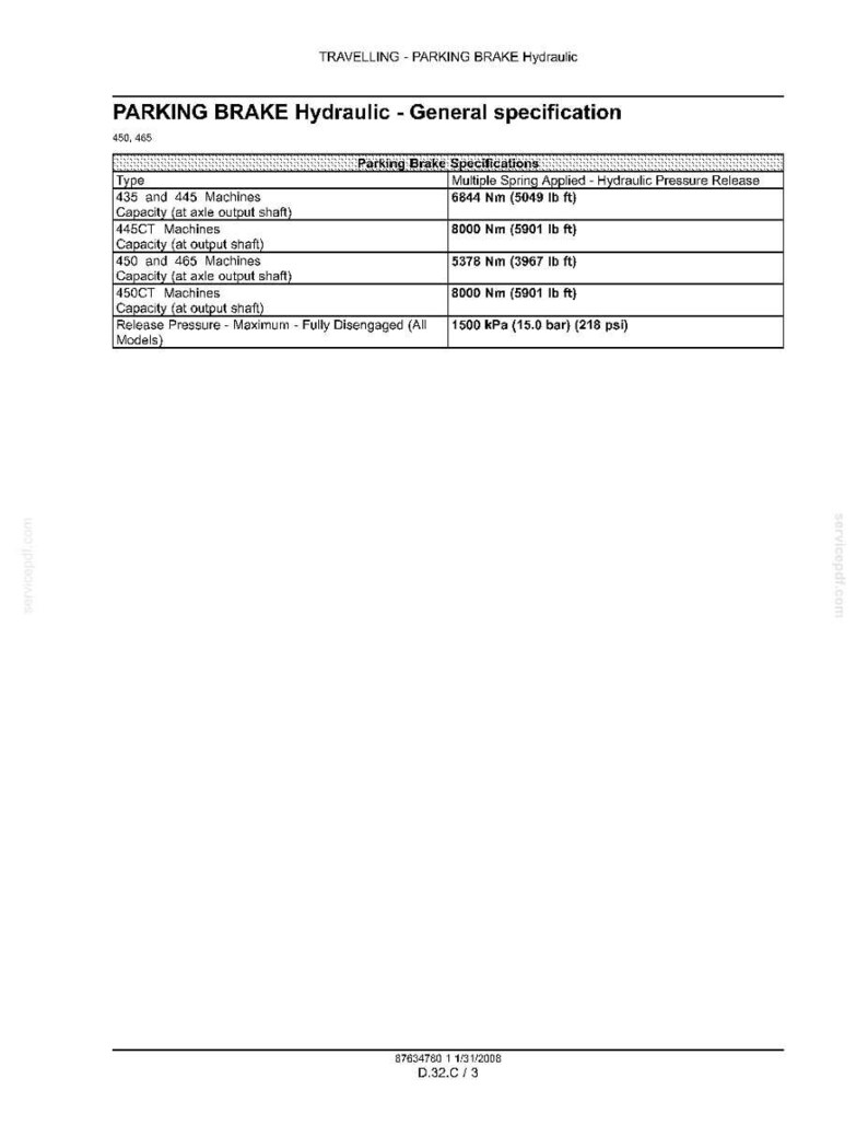 May include: A technical document titled "PARKING BRAKE Hydraulic - General specification" with specifications for various machine types. Includes torque and pressure measurements in imperial units.